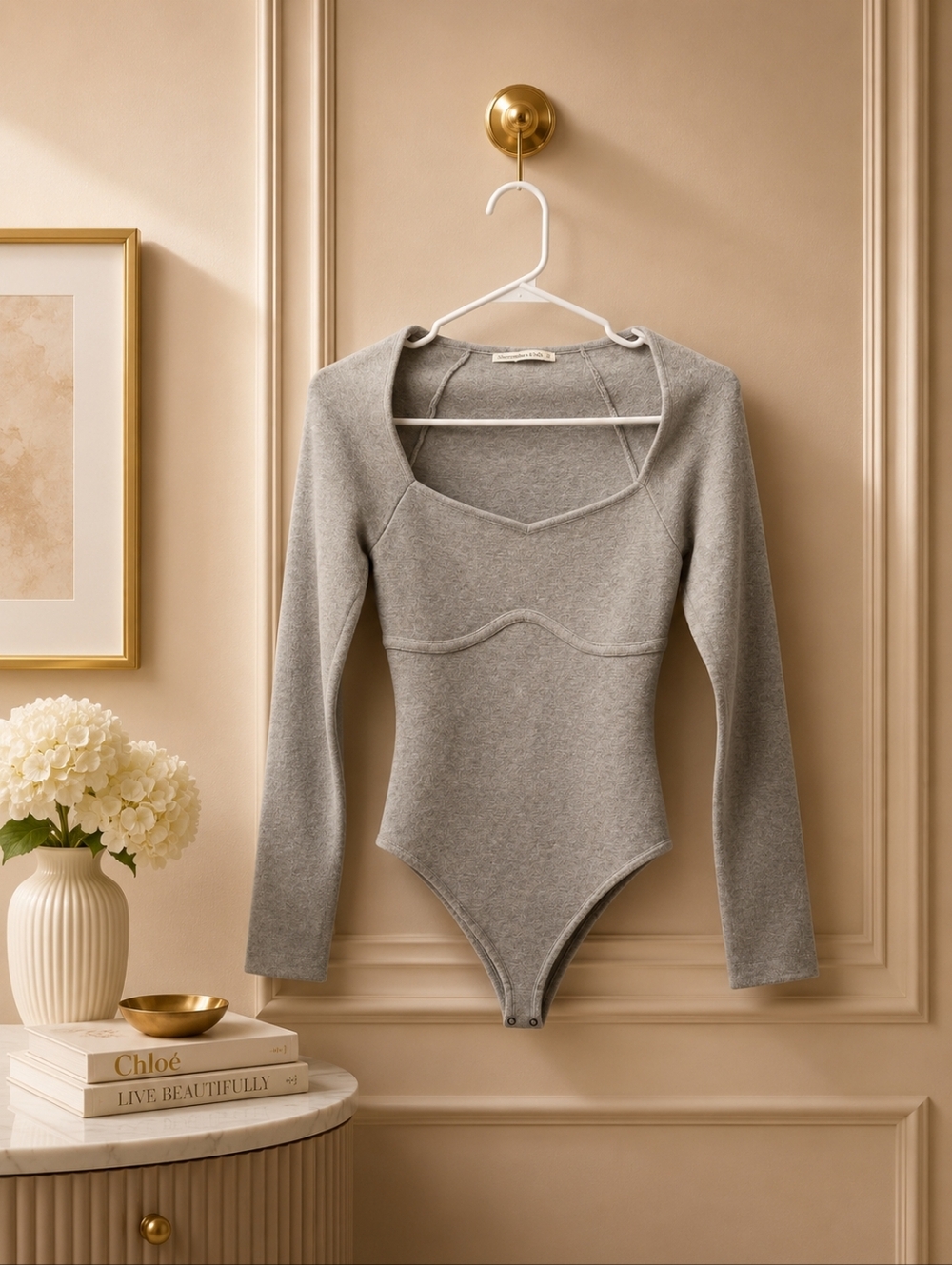 NWT Abercrombie & Fitch Small Gray Long-Sleeve Square Neck Bodysuit